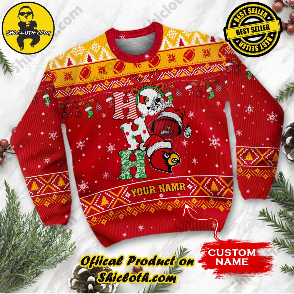 NCAA Louisville Cardinals Ho Ho Ho Custom Name Ugly Christmasl Sweater 2 NCAA Louisville Cardinals Ho Ho Ho Custom Name Ugly Christmasl Sweater - Image 2