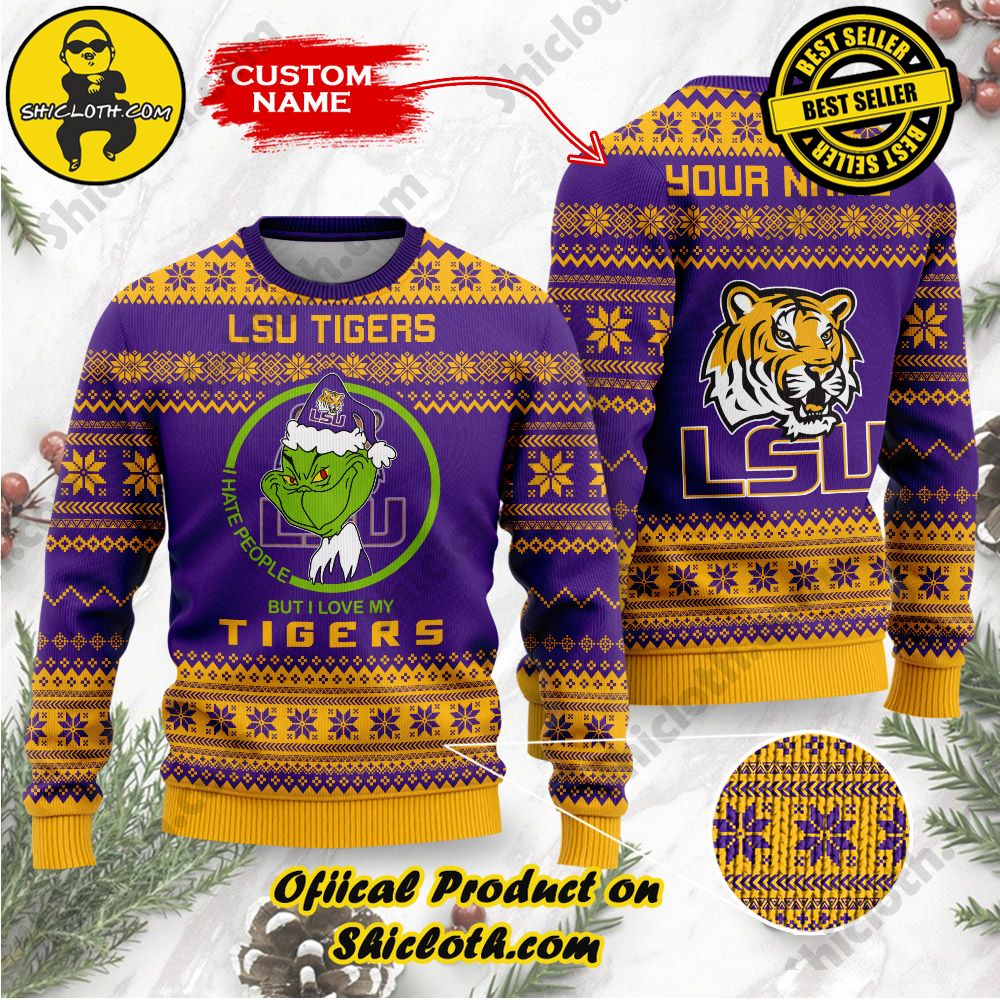 Shiclothshop's Unique Collection of Ugly Christmas Sweaters 19 NCAA LSU Tigers Grinch Custom Name Ugly Christmas Sweater