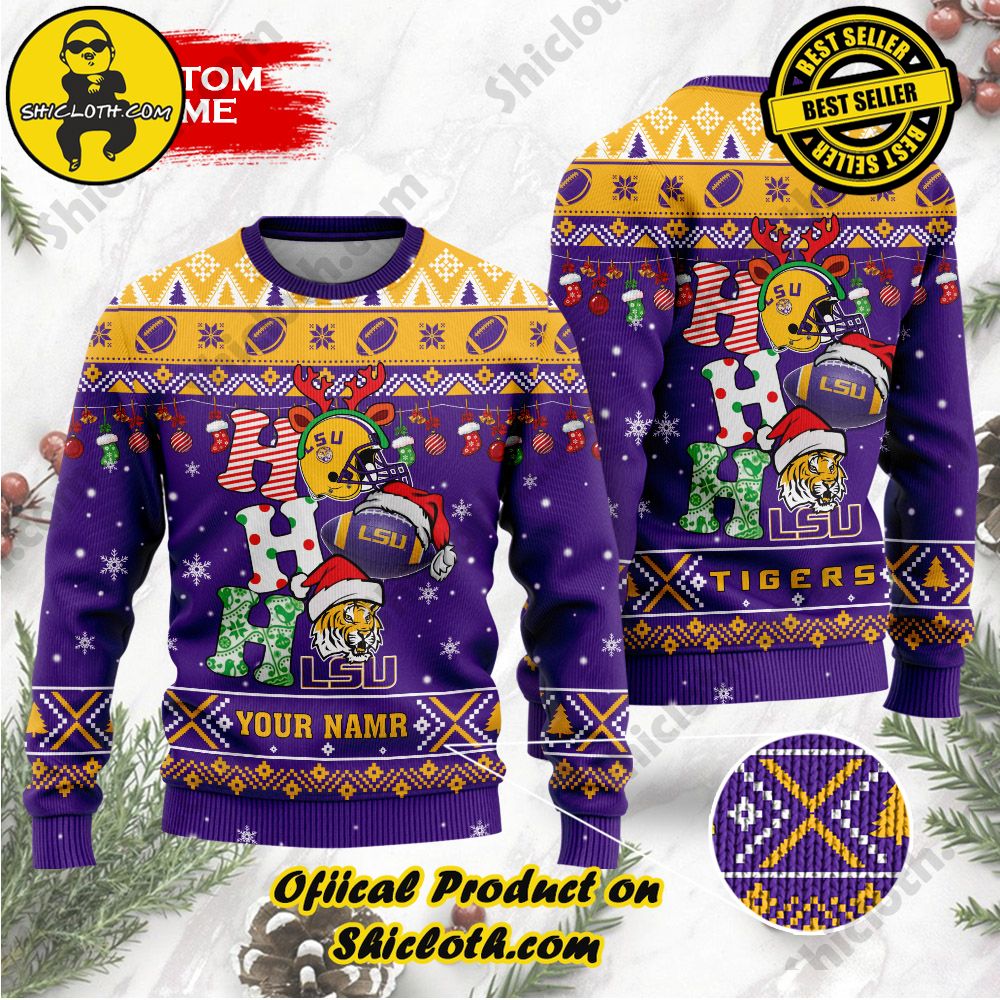 Best Seller Unveiling Festive Delight: Shiclothshop's Unique Collection of Ugly Christmas Sweaters 98 NCAA LSU Tigers Ho Ho Ho Custom Name Ugly Christmasl Sweater