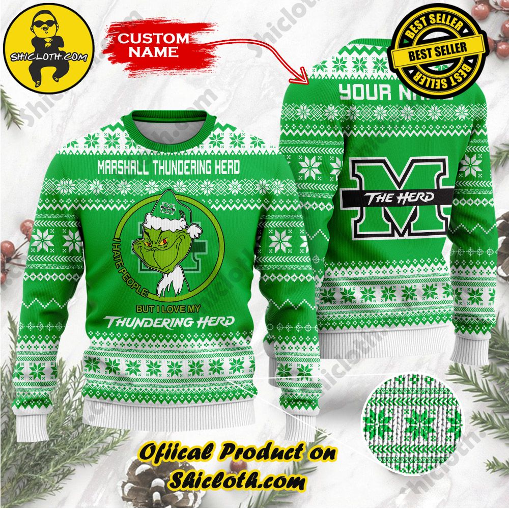 Shiclothshop's Unique Collection of Ugly Christmas Sweaters 20 NCAA Marshall Thundering Herd Grinch Custom Name Ugly Christmas Sweater