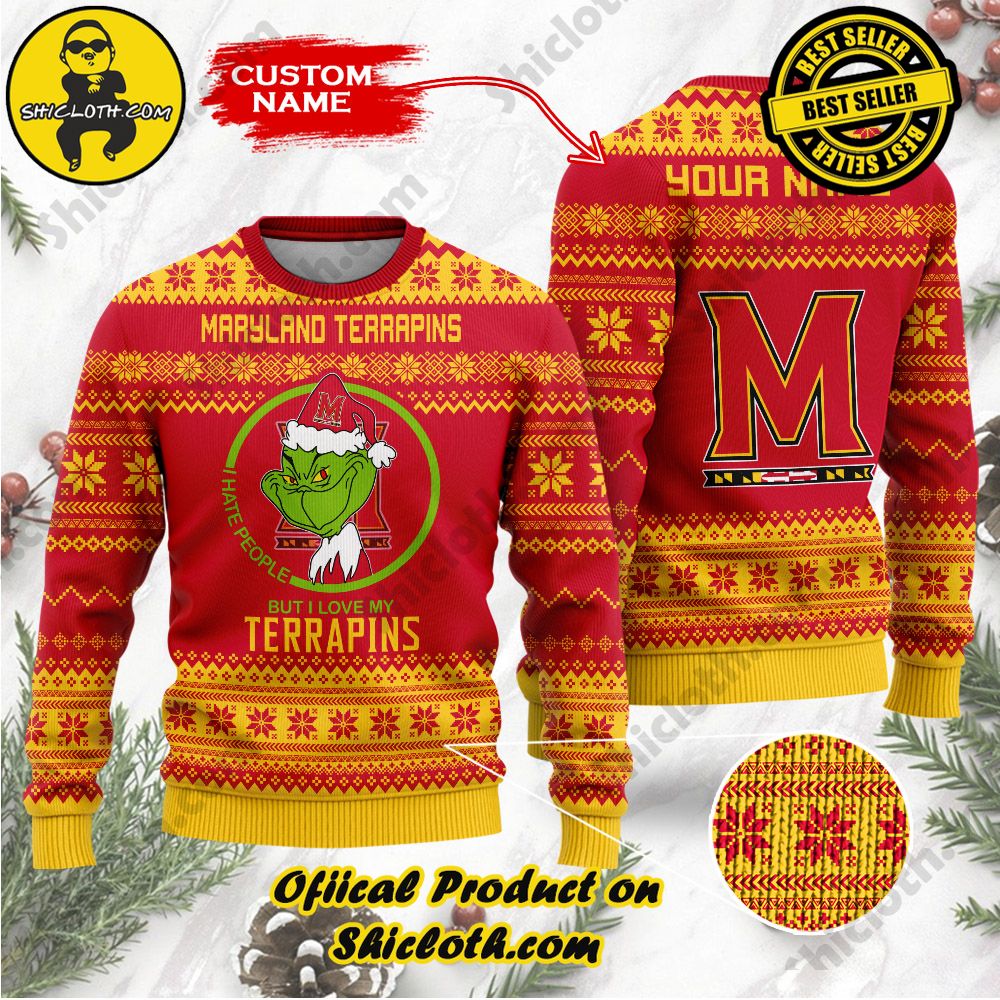 Shiclothshop's Unique Collection of Ugly Christmas Sweaters 21 NCAA Maryland Terrapins Grinch Custom Name Ugly Christmas Sweater