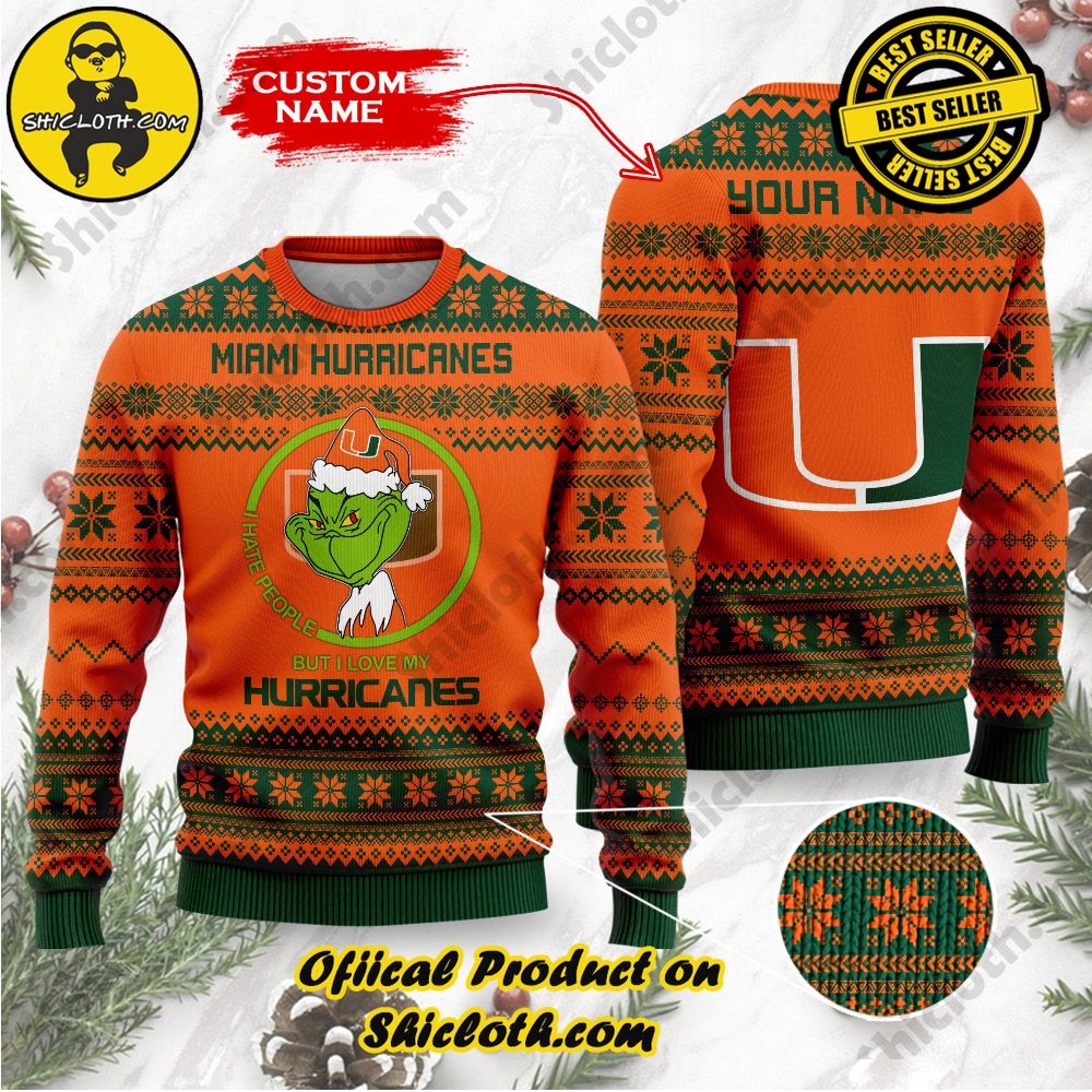 Shiclothshop's Unique Collection of Ugly Christmas Sweaters 22 NCAA Miami Hurricanes Grinch Custom Name Ugly Christmas Sweater