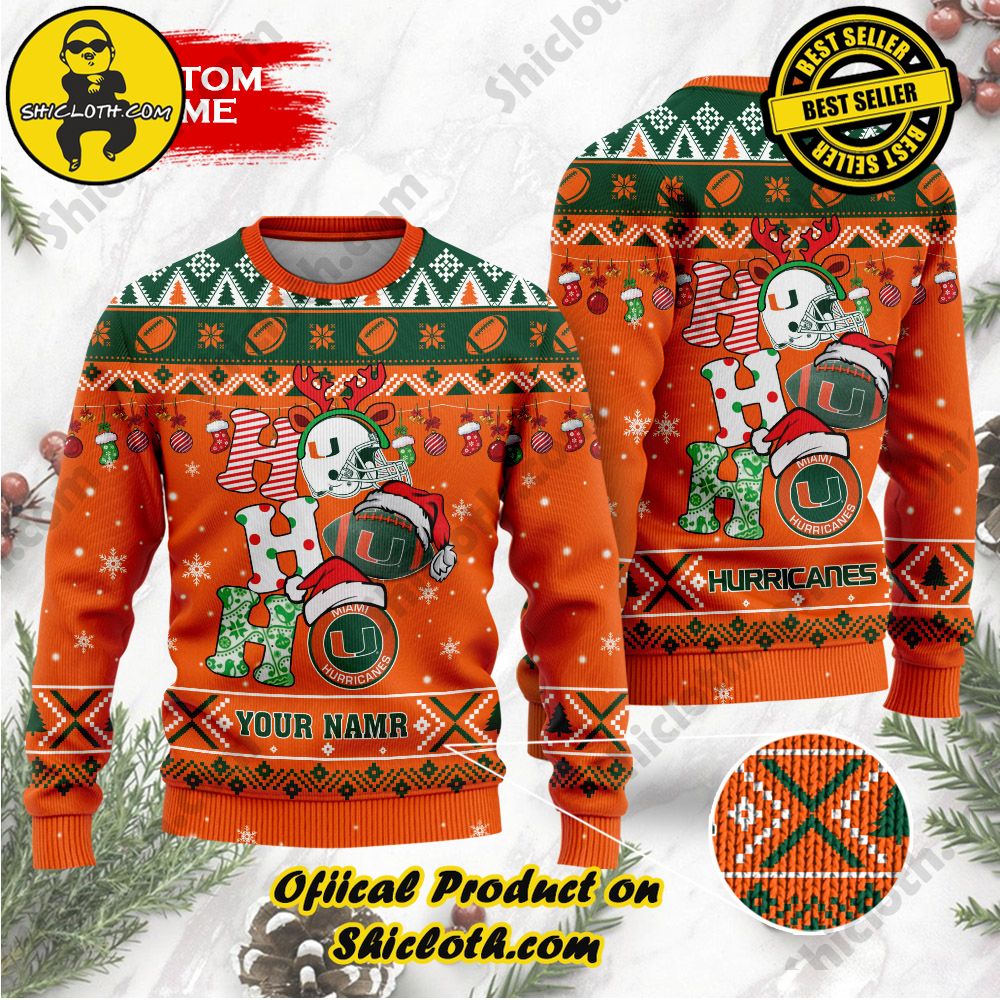Shiclothshop's Unique Collection of Ugly Christmas Sweaters 66 NCAA Miami Hurricanes Ho Ho Ho Custom Name Ugly Wool Sweater
