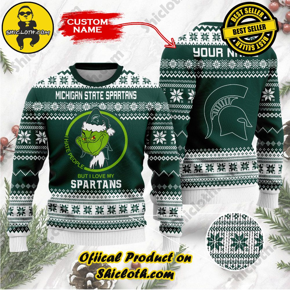 Shiclothshop's Unique Collection of Ugly Christmas Sweaters 23 NCAA Michigan State Spartans Grinch Custom Name Ugly Christmas Sweater