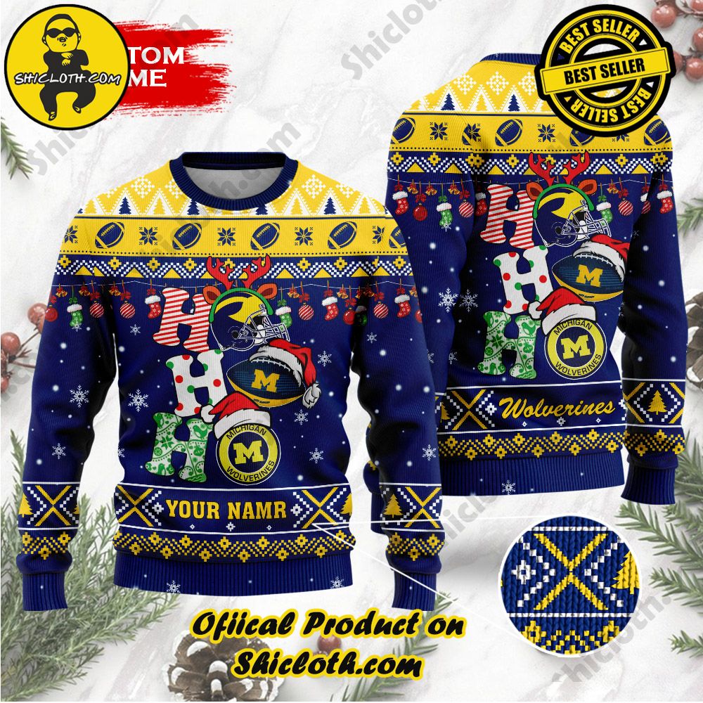 Shiclothshop's Unique Collection of Ugly Christmas Sweaters 67 NCAA Michigan Wolverines Ho Ho Ho Custom Name Ugly Wool Sweater