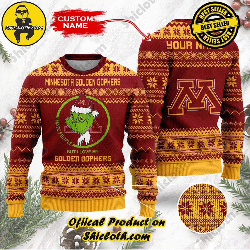 Shiclothshop's Unique Collection of Ugly Christmas Sweaters 25 NCAA Minnesota Golden Gophers Grinch Custom Name Ugly Christmas Sweater