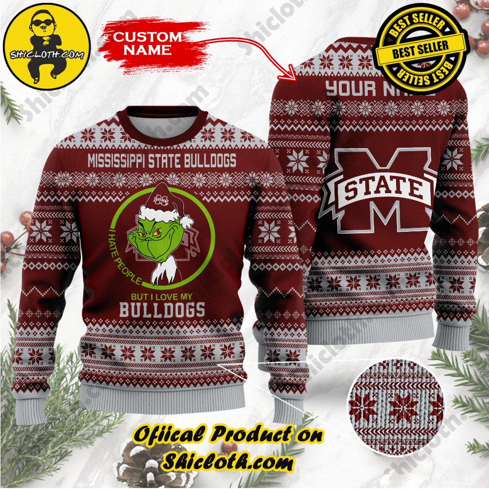 Shiclothshop's Unique Collection of Ugly Christmas Sweaters 26 NCAA Mississippi State Bulldogs Grinch Custom Name Ugly Christmas Sweater