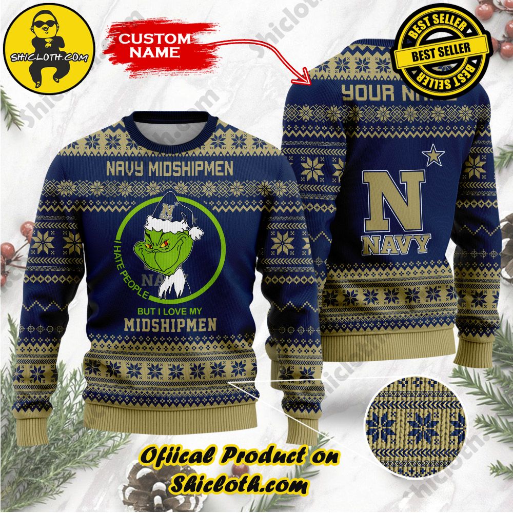 Shiclothshop's Unique Collection of Ugly Christmas Sweaters 28 NCAA Navy Midshipmen Grinch Custom Name Ugly Christmas Sweater