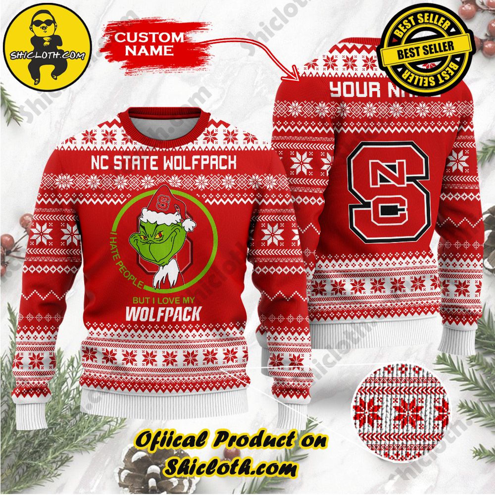 Shiclothshop's Unique Collection of Ugly Christmas Sweaters 29 NCAA NC State Wolfpack Grinch Custom Name Ugly Christmas Sweater