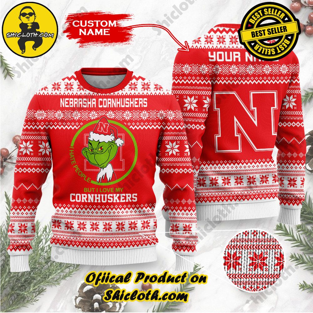 Shiclothshop's Unique Collection of Ugly Christmas Sweaters 30 NCAA Nebraska Cornhuskers Grinch Custom Name Ugly Christmas Sweater