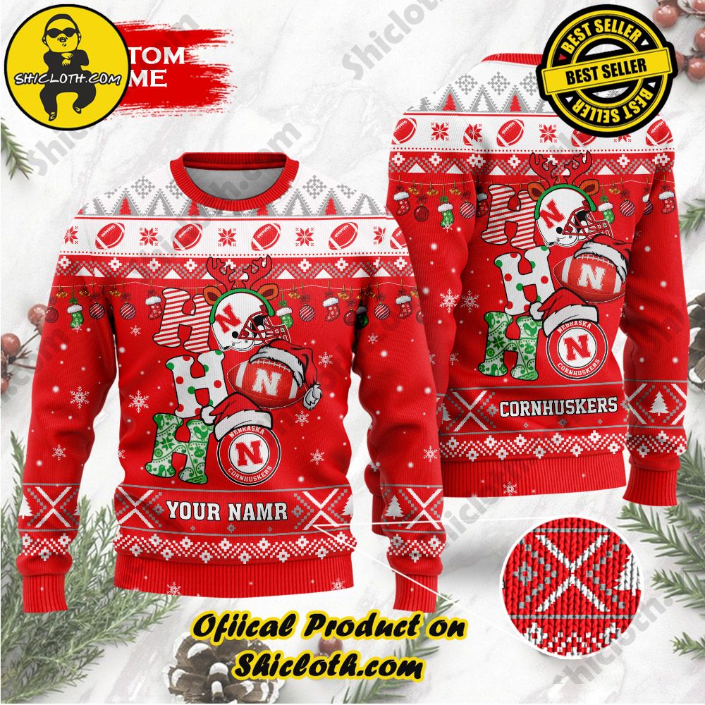 Best Seller Unveiling Festive Delight: Shiclothshop's Unique Collection of Ugly Christmas Sweaters 101 NCAA Nebraska Cornhuskers Ho Ho Ho Custom Name Ugly Christmasl Sweater