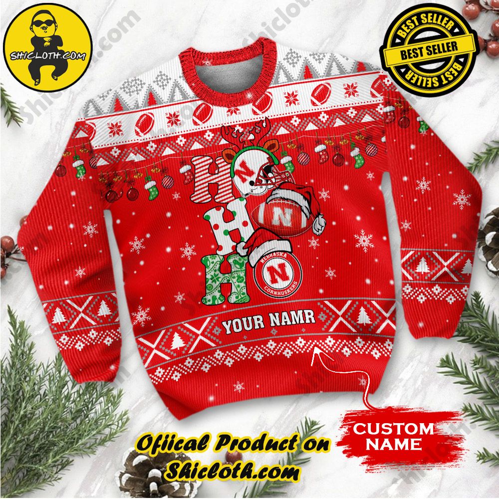 NCAA Nebraska Cornhuskers Ho Ho Ho Custom Name Ugly Christmasl Sweater 2 NCAA Nebraska Cornhuskers Ho Ho Ho Custom Name Ugly Christmasl Sweater - Image 2