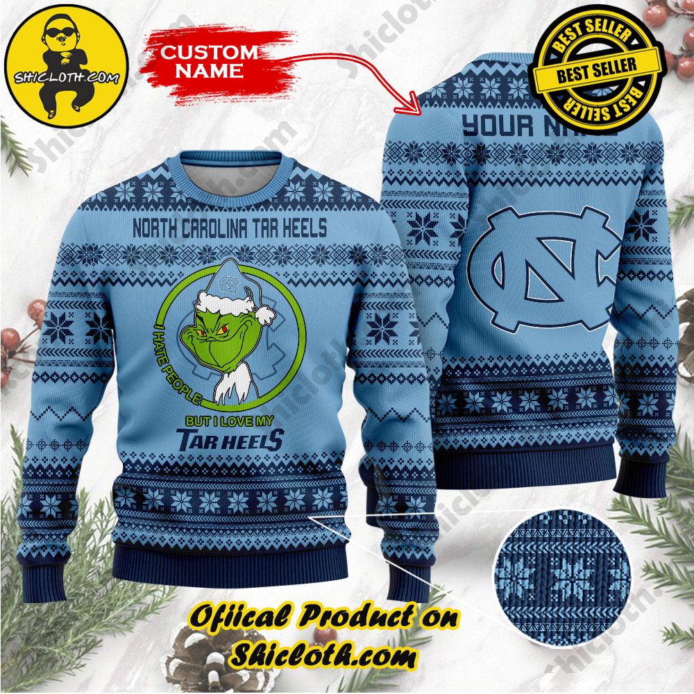 Shiclothshop's Unique Collection of Ugly Christmas Sweaters 32 NCAA North Carolina Tar Heels Grinch Custom Name Ugly Christmas Sweater