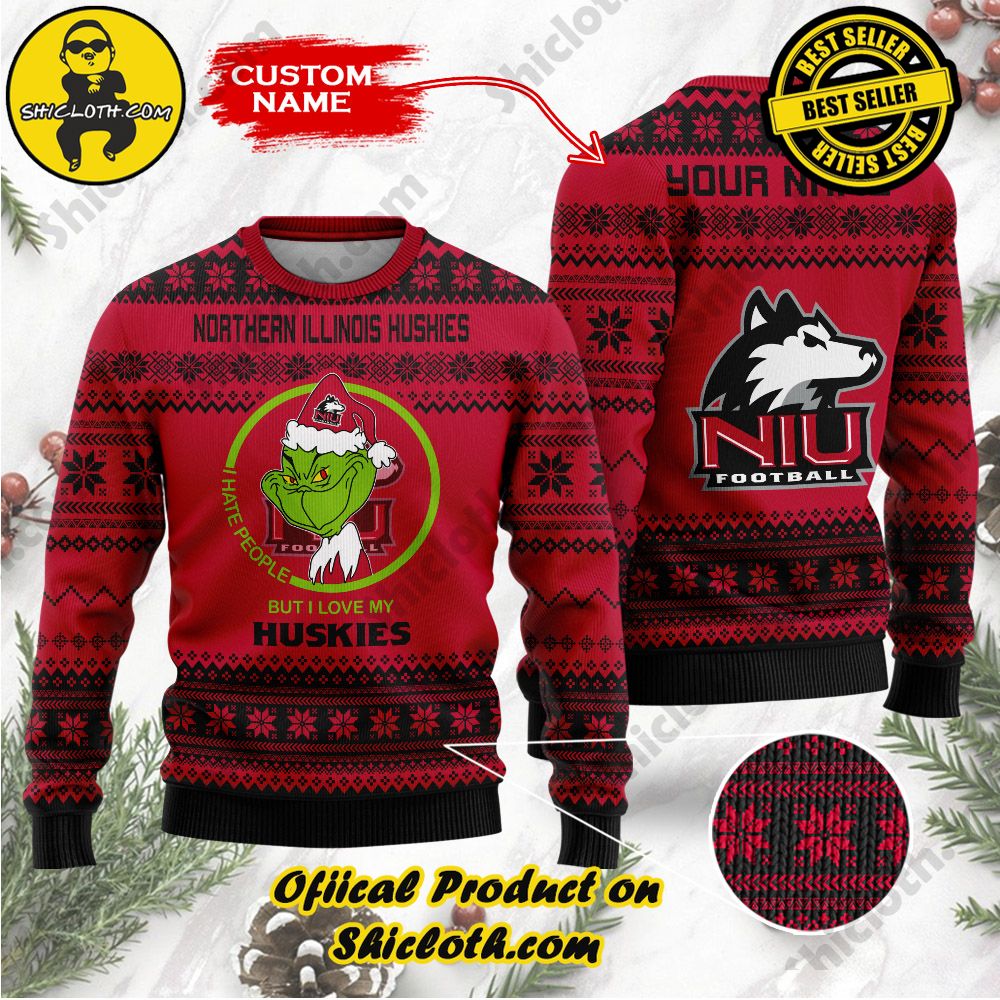 Shiclothshop's Unique Collection of Ugly Christmas Sweaters 33 NCAA Northern Illinois Huskies Grinch Custom Name Ugly Christmas Sweater