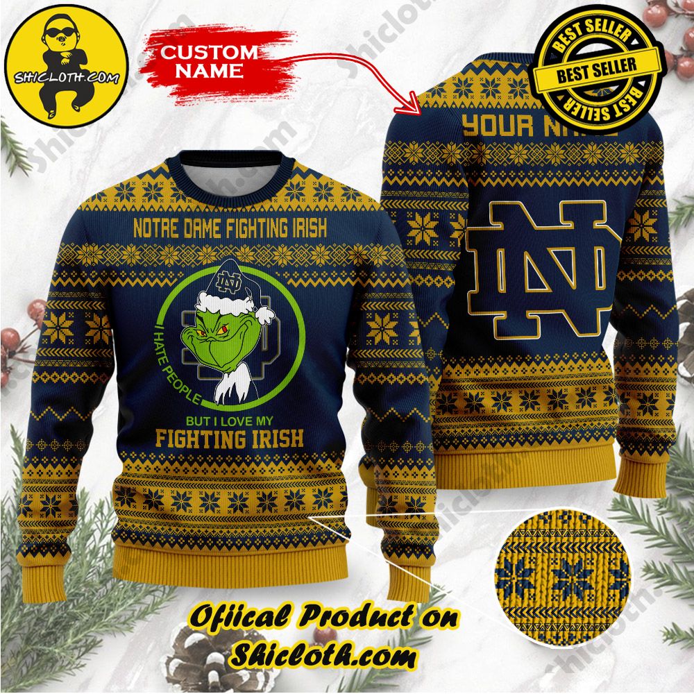 Shiclothshop's Unique Collection of Ugly Christmas Sweaters 34 NCAA Notre Dame Fighting Irish Grinch Custom Name Ugly Christmas Sweater