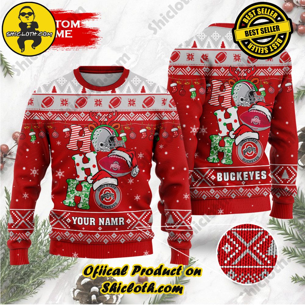 Shiclothshop's Unique Collection of Ugly Christmas Sweaters 37 NCAA Ohio State Buckeyes Ho Ho Ho Custom Name Ugly Christmasl Sweater
