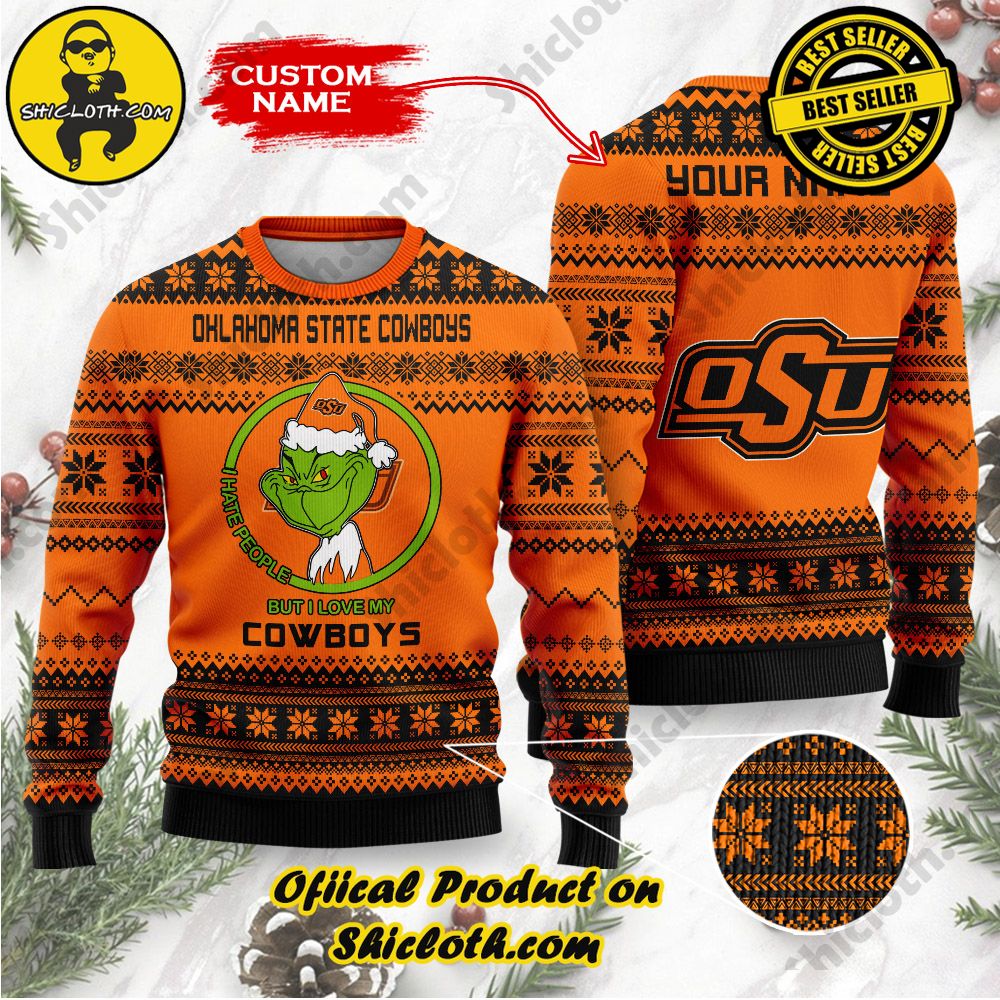 Shiclothshop's Unique Collection of Ugly Christmas Sweaters 40 NCAA Oklahoma State Cowboys Grinch Custom Name Ugly Christmas Sweater