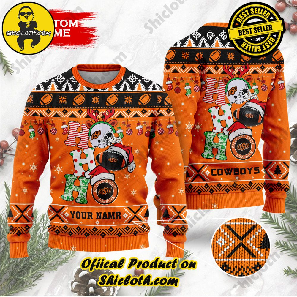 Shiclothshop's Unique Collection of Ugly Christmas Sweaters 41 NCAA Oklahoma State Cowboys Ho Ho Ho Custom Name Ugly Christmasl Sweater