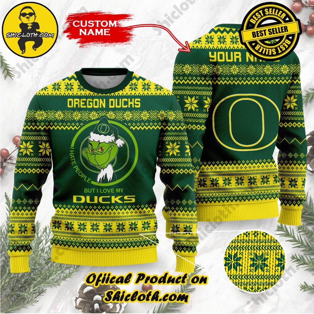 Shiclothshop's Unique Collection of Ugly Christmas Sweaters 43 NCAA Oregon Ducks Grinch Custom Name Ugly Christmas Sweater