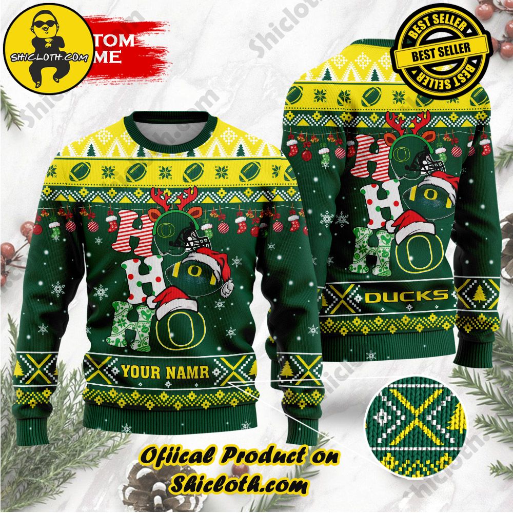 Shiclothshop's Unique Collection of Ugly Christmas Sweaters 73 NCAA Oregon Ducks Ho Ho Ho Custom Name Ugly Wool Sweater