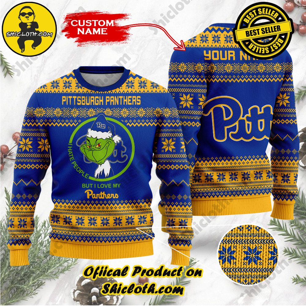Shiclothshop's Unique Collection of Ugly Christmas Sweaters 74 NCAA Pittsburgh Panthers Grinch Custom Name Ugly Christmas Sweater