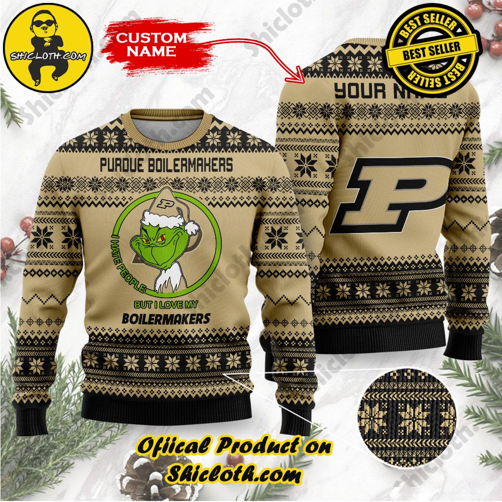 Shiclothshop's Unique Collection of Ugly Christmas Sweaters 75 NCAA Purdue Boilermakers Grinch Custom Name Ugly Christmas Sweater