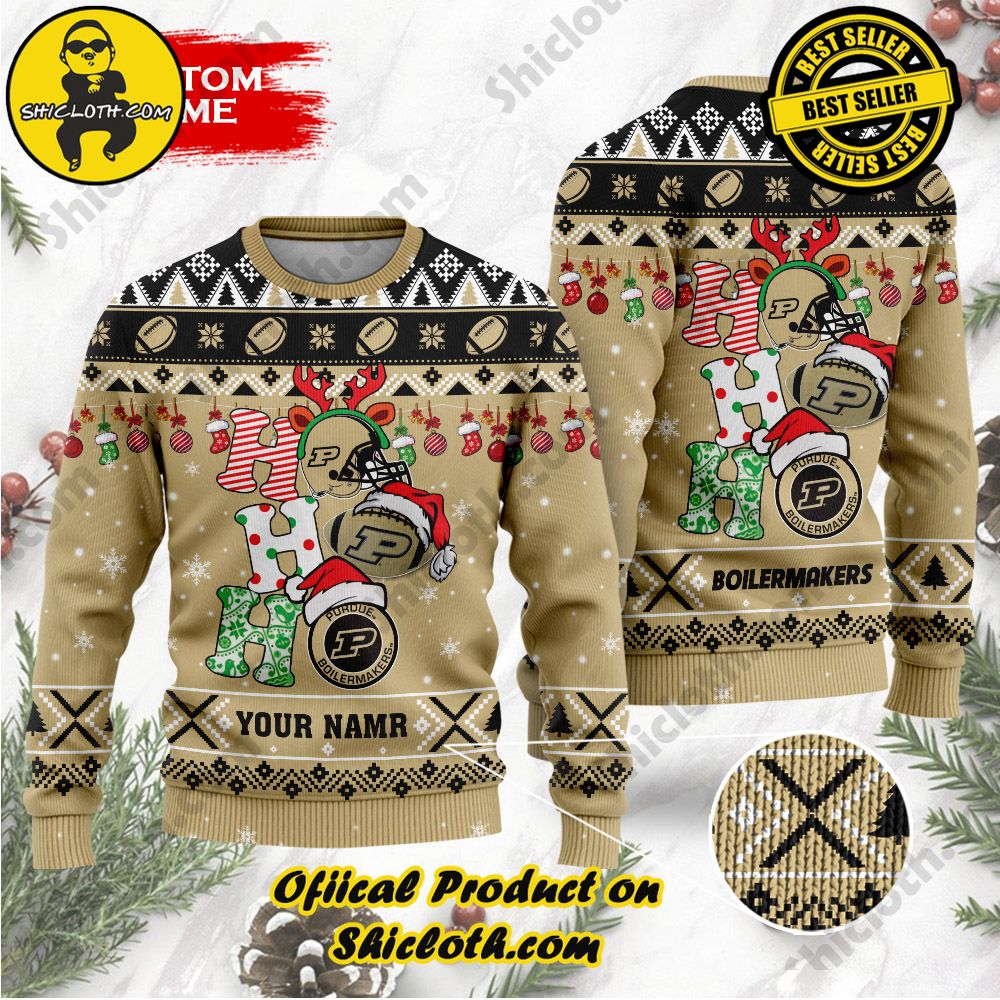 Shiclothshop's Unique Collection of Ugly Christmas Sweaters 46 NCAA Purdue Boilermakers Ho Ho Ho Custom Name Ugly Christmasl Sweater
