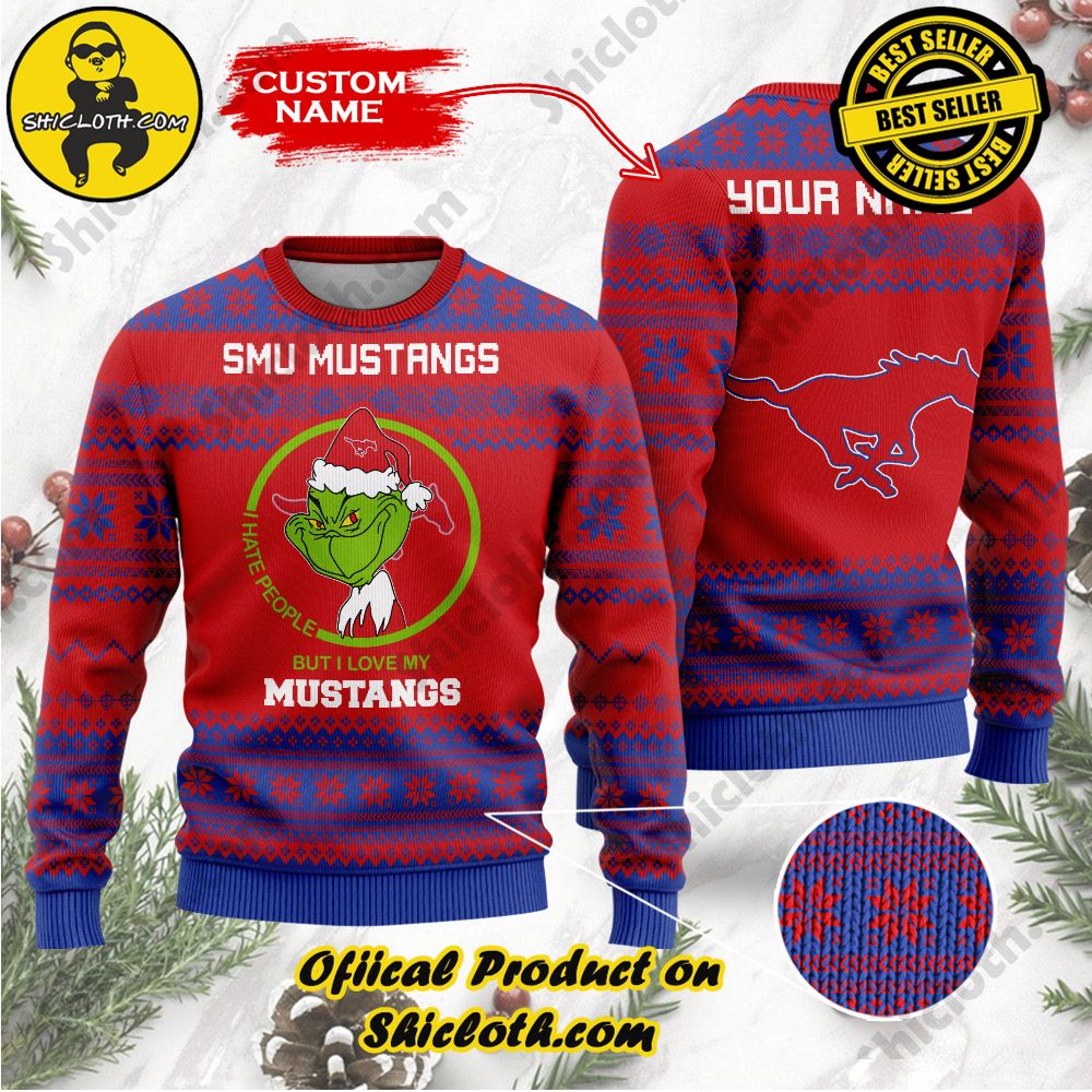 Shiclothshop's Unique Collection of Ugly Christmas Sweaters 77 NCAA SMU Mustangs Grinch Custom Name Ugly Christmas Sweater
