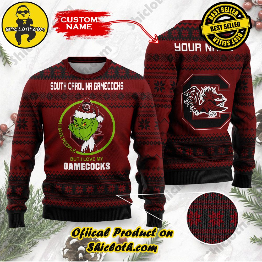 Shiclothshop's Unique Collection of Ugly Christmas Sweaters 78 NCAA South Carolina Gamecocks Grinch Custom Name Ugly Christmas Sweater