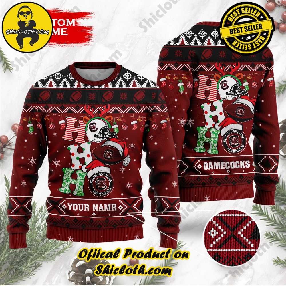 Shiclothshop's Unique Collection of Ugly Christmas Sweaters 79 NCAA South Carolina Gamecocks Ho Ho Ho Custom Name Ugly Wool Sweater