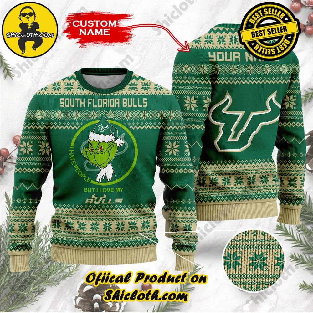 Shiclothshop's Unique Collection of Ugly Christmas Sweaters 80 NCAA South Florida Bulls Grinch Custom Name Ugly Christmas Sweater