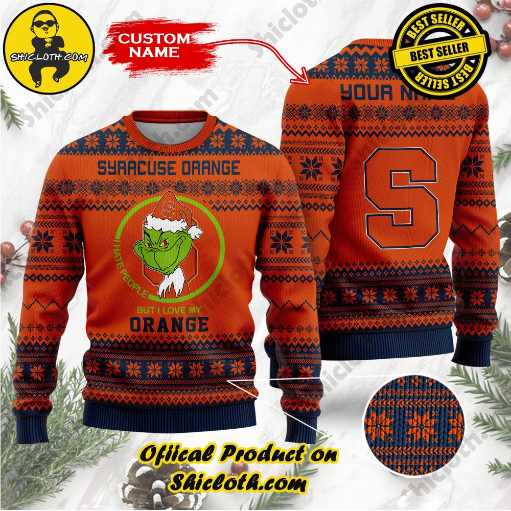 Shiclothshop's Unique Collection of Ugly Christmas Sweaters 82 NCAA Syracuse Orange Grinch Custom Name Ugly Christmas Sweater