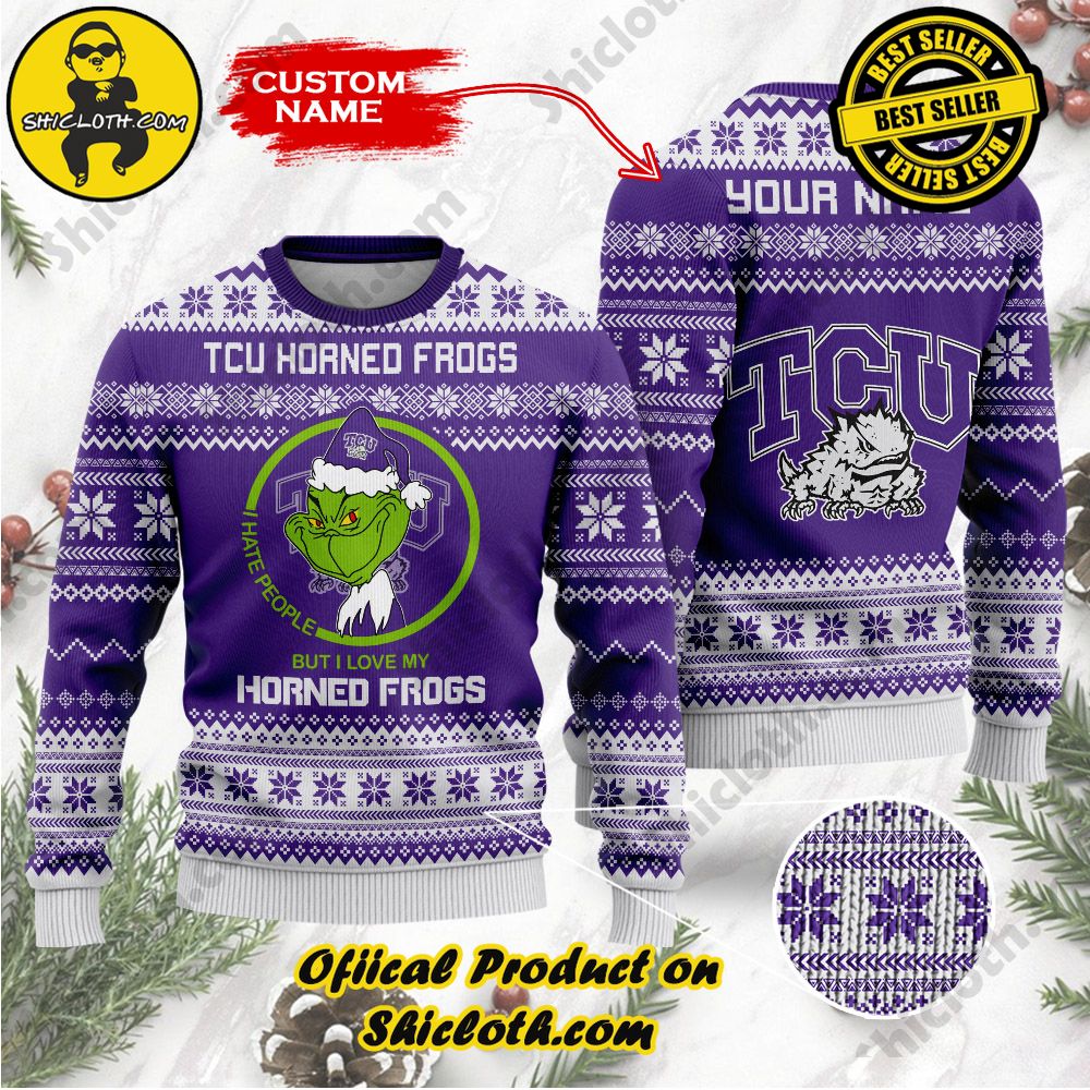 Shiclothshop's Unique Collection of Ugly Christmas Sweaters 83 NCAA TCU Horned Frogs Grinch Custom Name Ugly Christmas Sweater
