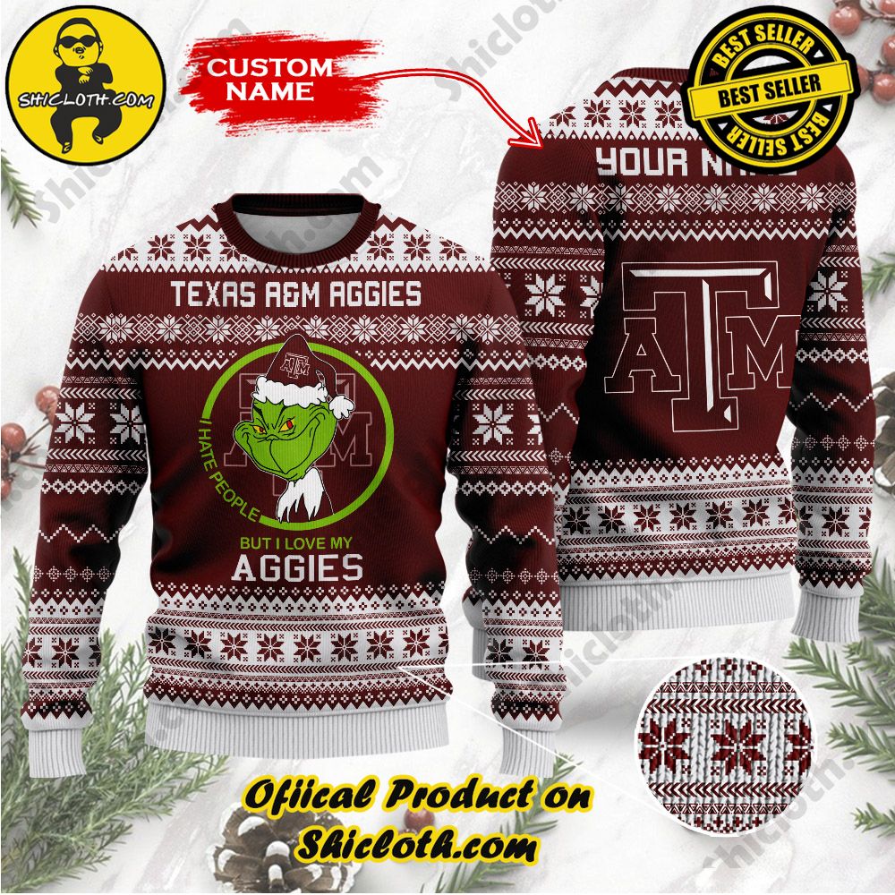 Shiclothshop's Unique Collection of Ugly Christmas Sweaters 86 NCAA Texas A&M Aggies Grinch Custom Name Ugly Christmas Sweater