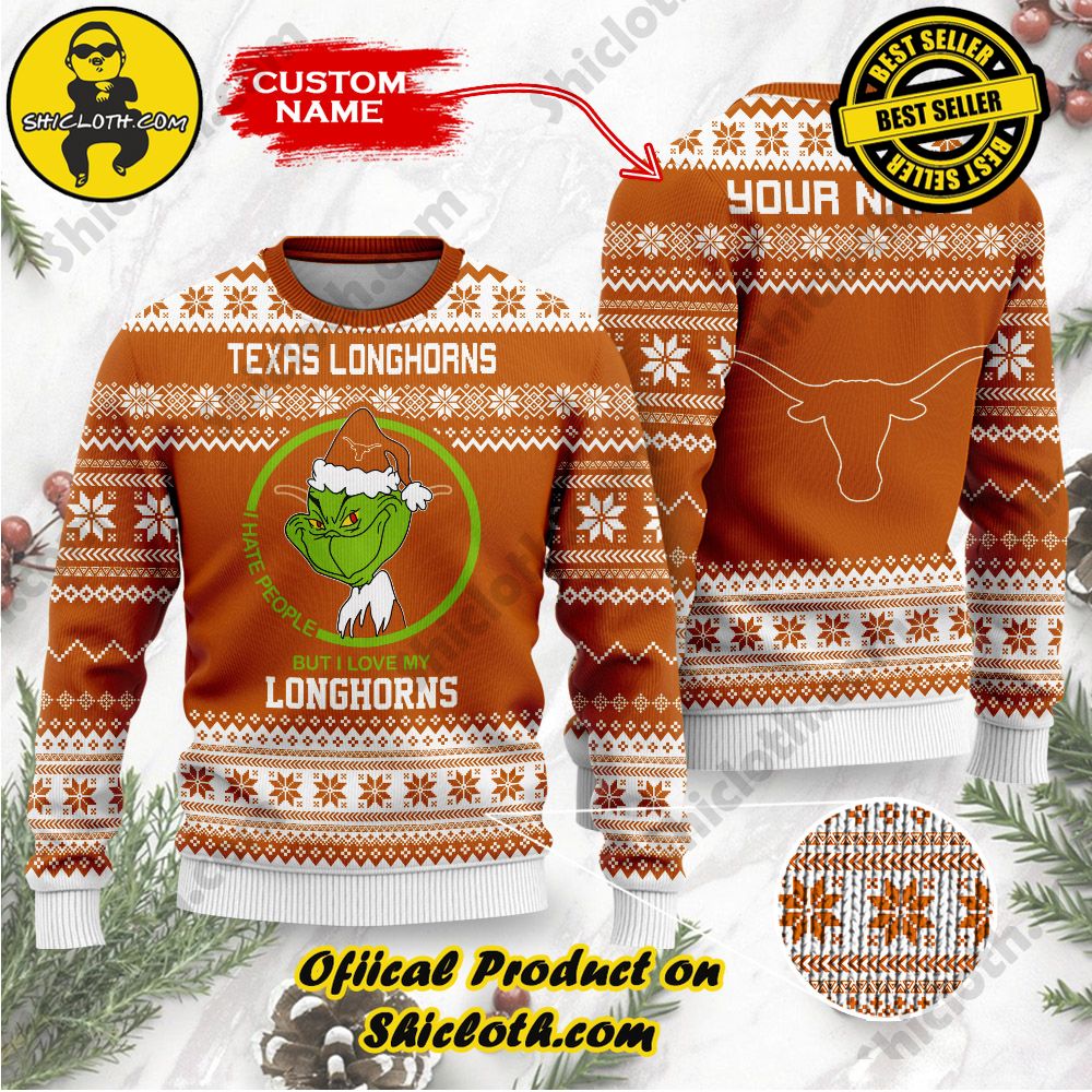 Shiclothshop's Unique Collection of Ugly Christmas Sweaters 87 NCAA Texas Longhorns Grinch Custom Name Ugly Christmas Sweater