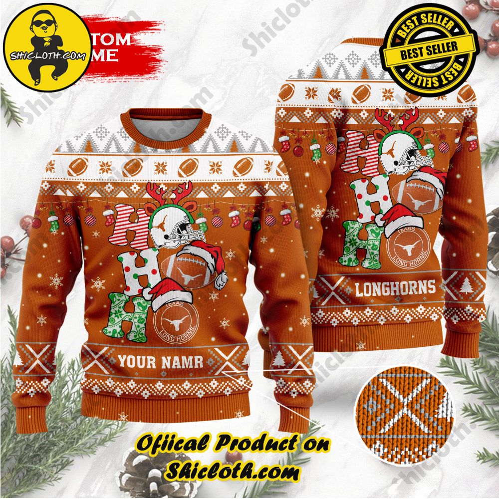 Shiclothshop's Unique Collection of Ugly Christmas Sweaters 49 NCAA Texas Longhorns Ho Ho Ho Custom Name Ugly Christmasl Sweater