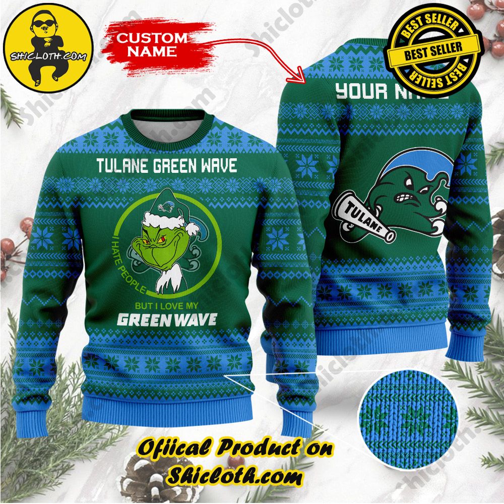 Shiclothshop's Unique Collection of Ugly Christmas Sweaters 89 NCAA Tulane Green Wave Grinch Custom Name Ugly Christmas Sweater