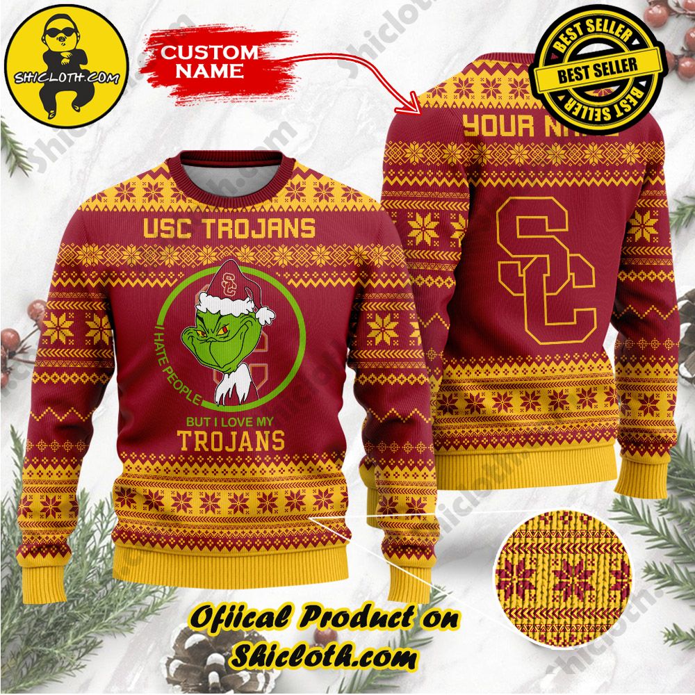 Shiclothshop's Unique Collection of Ugly Christmas Sweaters 91 NCAA USC Trojans Grinch Custom Name Ugly Christmas Sweater