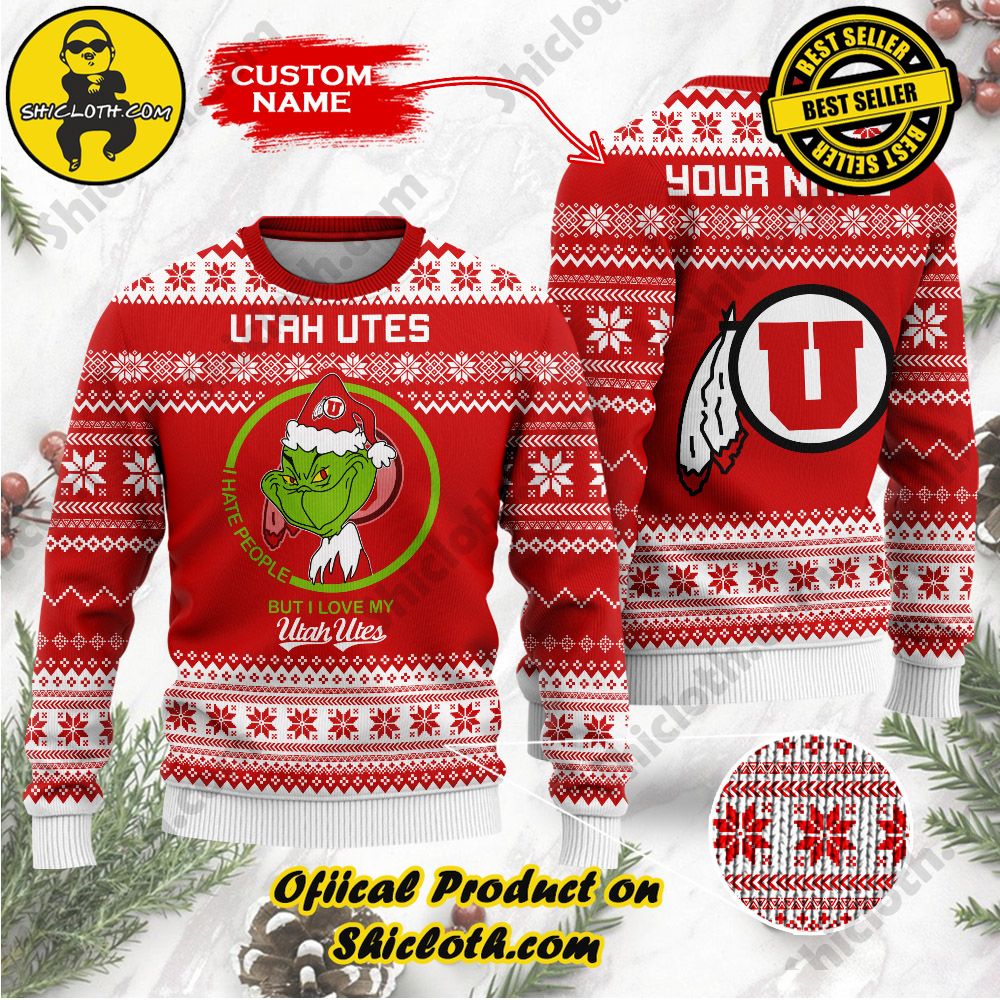 Shiclothshop's Unique Collection of Ugly Christmas Sweaters 92 NCAA Utah Utes Grinch Custom Name Ugly Christmas Sweater