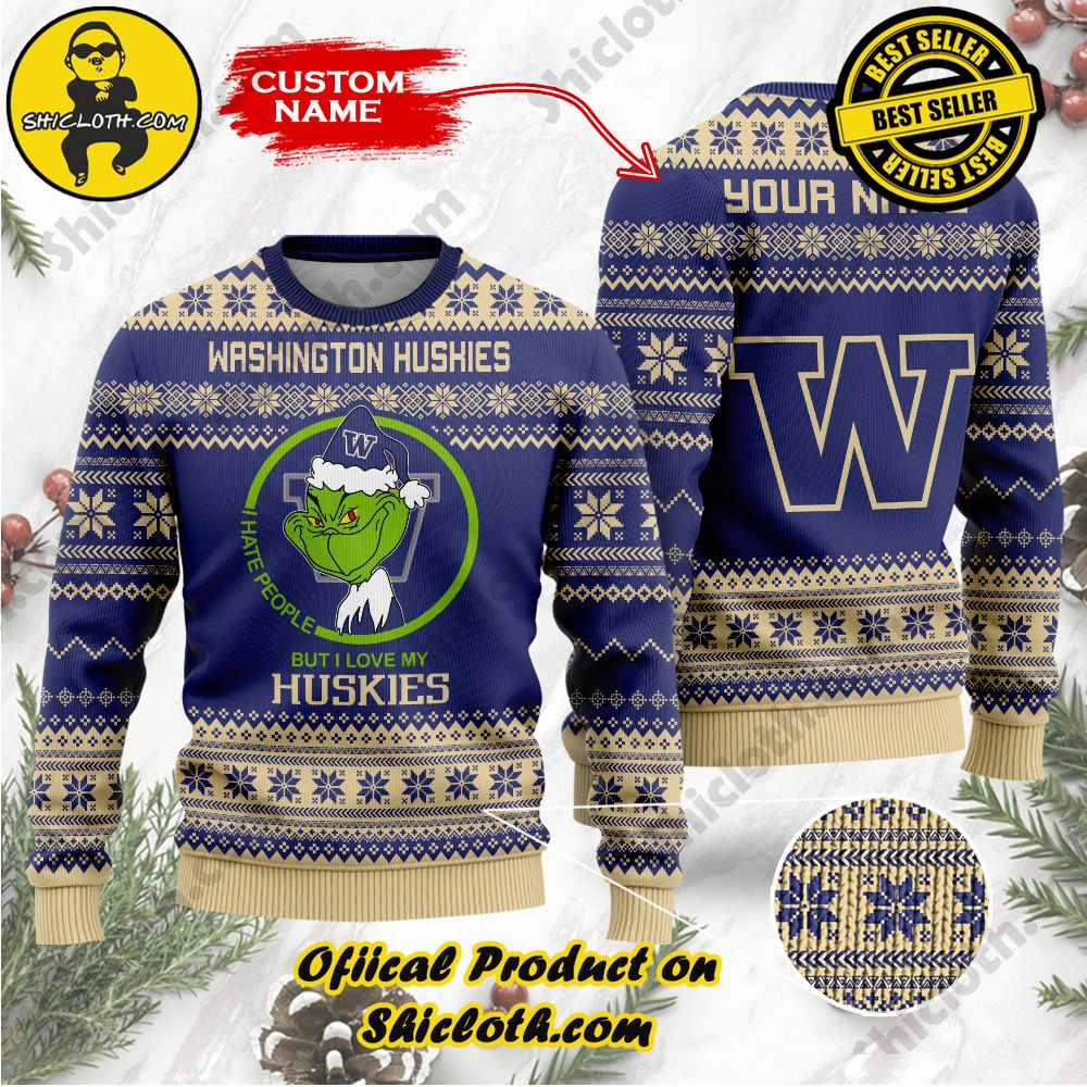 Shiclothshop's Unique Collection of Ugly Christmas Sweaters 94 NCAA Washington Huskies Grinch Custom Name Ugly Christmas Sweater