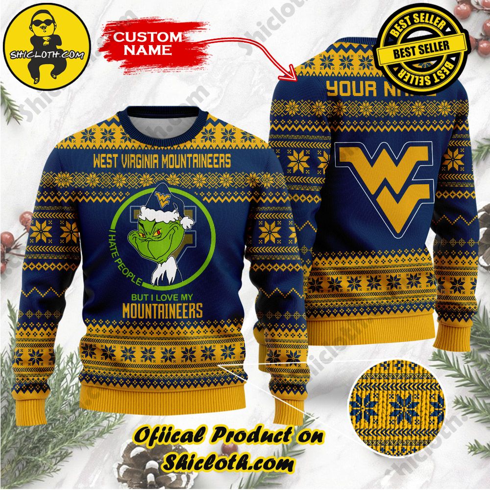Shiclothshop's Unique Collection of Ugly Christmas Sweaters 95 NCAA West Virginia Mountaineers Grinch Custom Name Ugly Christmas Sweater