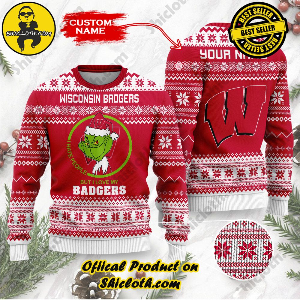 Shiclothshop's Unique Collection of Ugly Christmas Sweaters 96 NCAA Wisconsin Badgers Grinch Custom Name Ugly Christmas Sweater