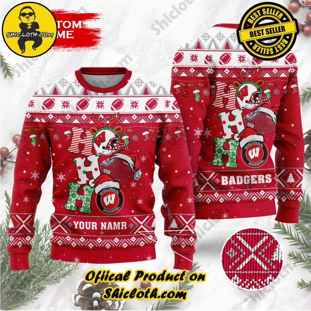 Shiclothshop's Unique Collection of Ugly Christmas Sweaters 97 NCAA Wisconsin Badgers Ho Ho Ho Custom Name Ugly Wool Sweater