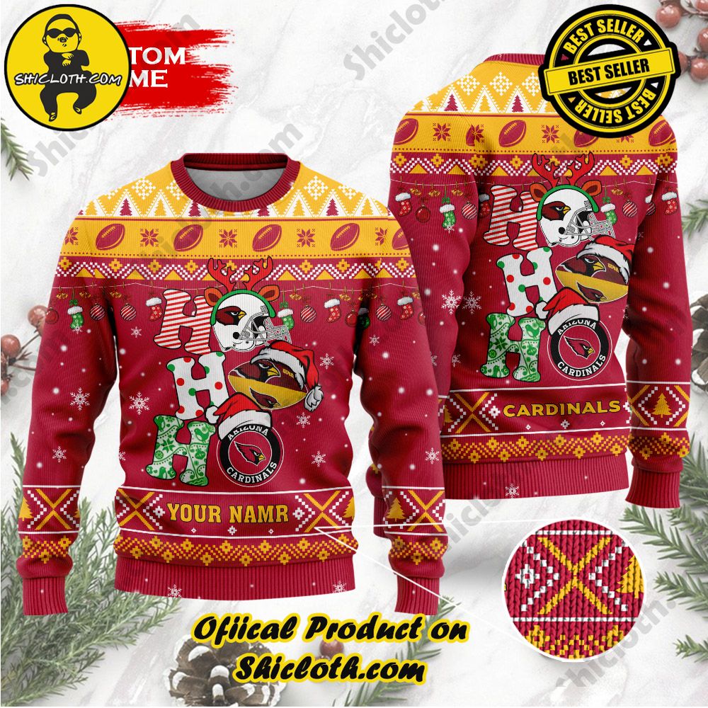 Best Seller Unveiling Festive Delight: Shiclothshop's Unique Collection of Ugly Christmas Sweaters 102 NFL Arizona Cardinals Ho Ho Ho Custom Name Ugly Wool Sweater