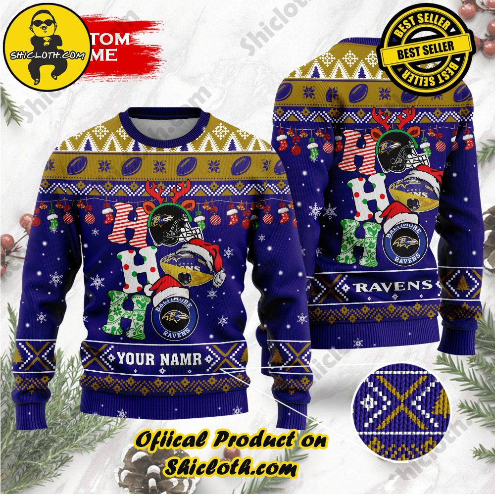 Best Seller Unveiling Festive Delight: Shiclothshop's Unique Collection of Ugly Christmas Sweaters 104 NFL Baltimore Ravens Ho Ho Ho Custom Name Ugly Wool Sweater