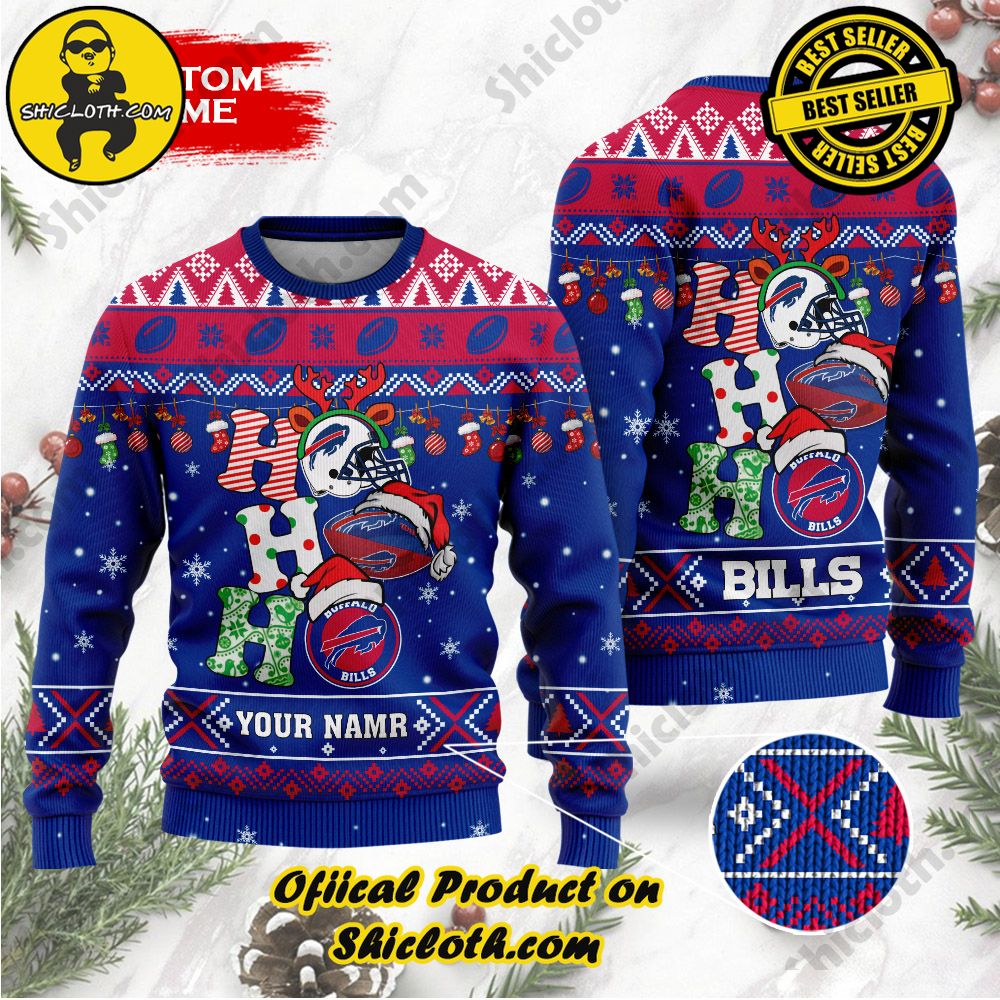 Best Seller Unveiling Festive Delight: Shiclothshop's Unique Collection of Ugly Christmas Sweaters 105 NFL Buffalo Bills Ho Ho Ho Custom Name Ugly Wool Sweater