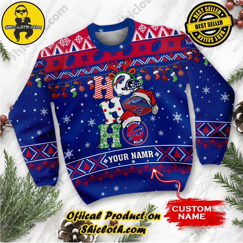 NFL Buffalo Bills Ho Ho Ho Custom Name Ugly Wool Sweater 2 NFL Buffalo Bills Ho Ho Ho Custom Name Ugly Wool Sweater - Image 2