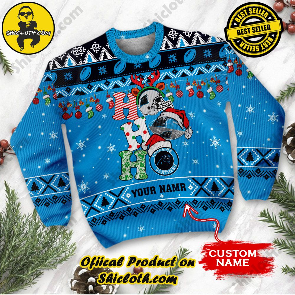 NFL Carolina Panthers Ho Ho Ho Custom Name Ugly Christmas Sweater 2 NFL Carolina Panthers Ho Ho Ho Custom Name Ugly Christmas Sweater - Image 2