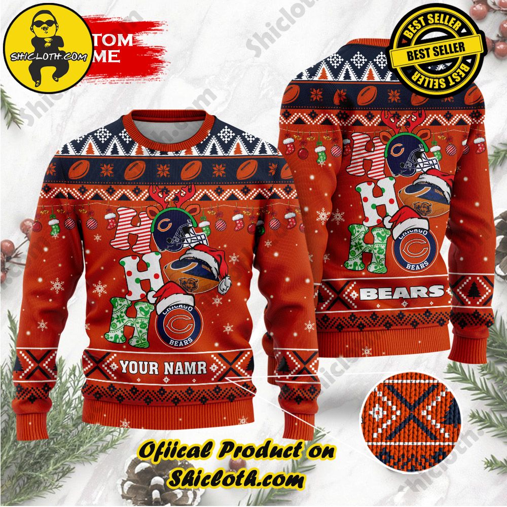 Best Seller Unveiling Festive Delight: Shiclothshop's Unique Collection of Ugly Christmas Sweaters 107 NFL Chicago Bears Ho Ho Ho Custom Name Ugly Wool Sweater