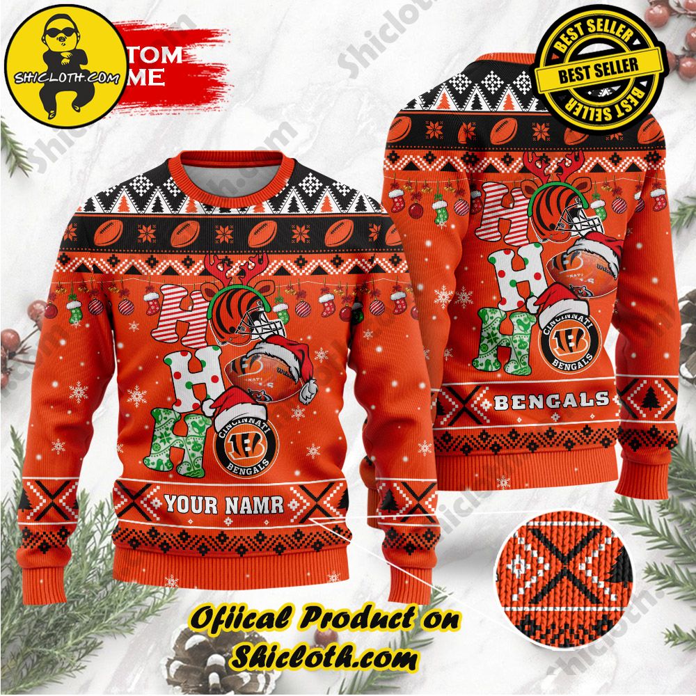 Best Seller Unveiling Festive Delight: Shiclothshop's Unique Collection of Ugly Christmas Sweaters 108 NFL Cincinnati Bengals Ho Ho Ho Custom Name Ugly Wool Sweater